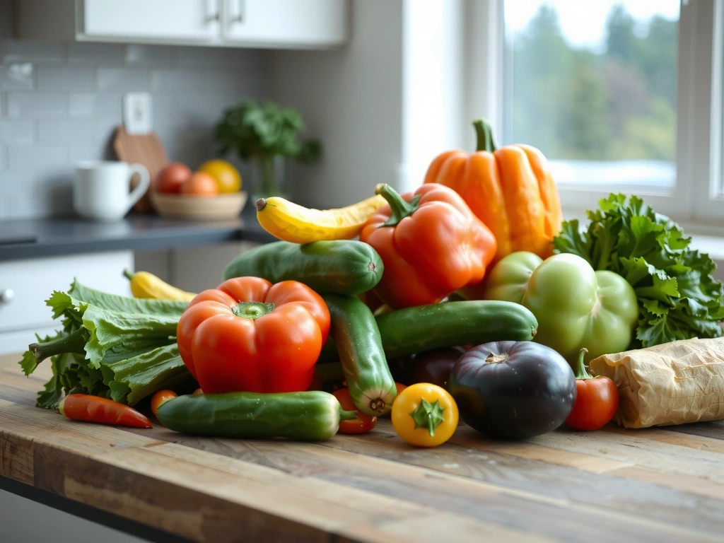 Frische, gesunde Lebensmittel auf einer Holzarbeitsplatte